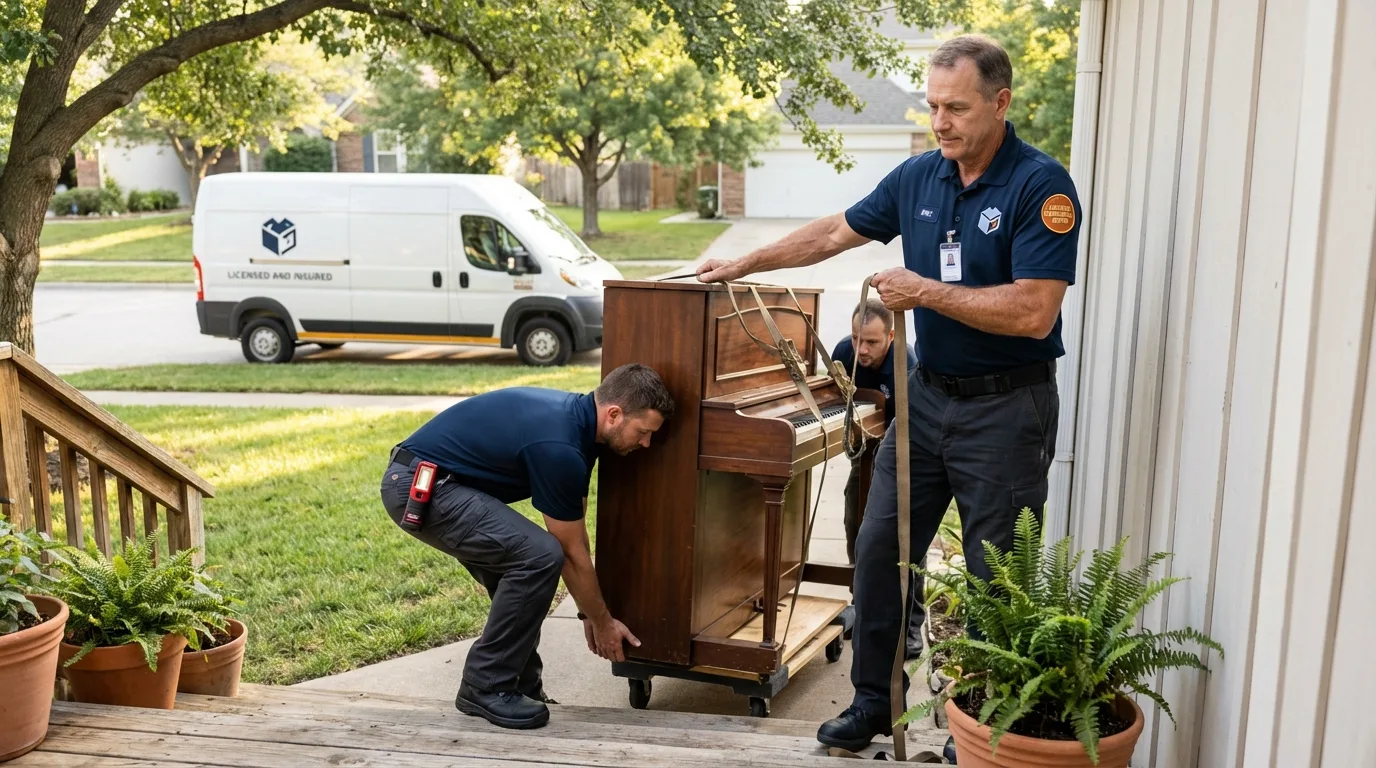 Licensed piano movers securing grand piano in Highland Park, IL
