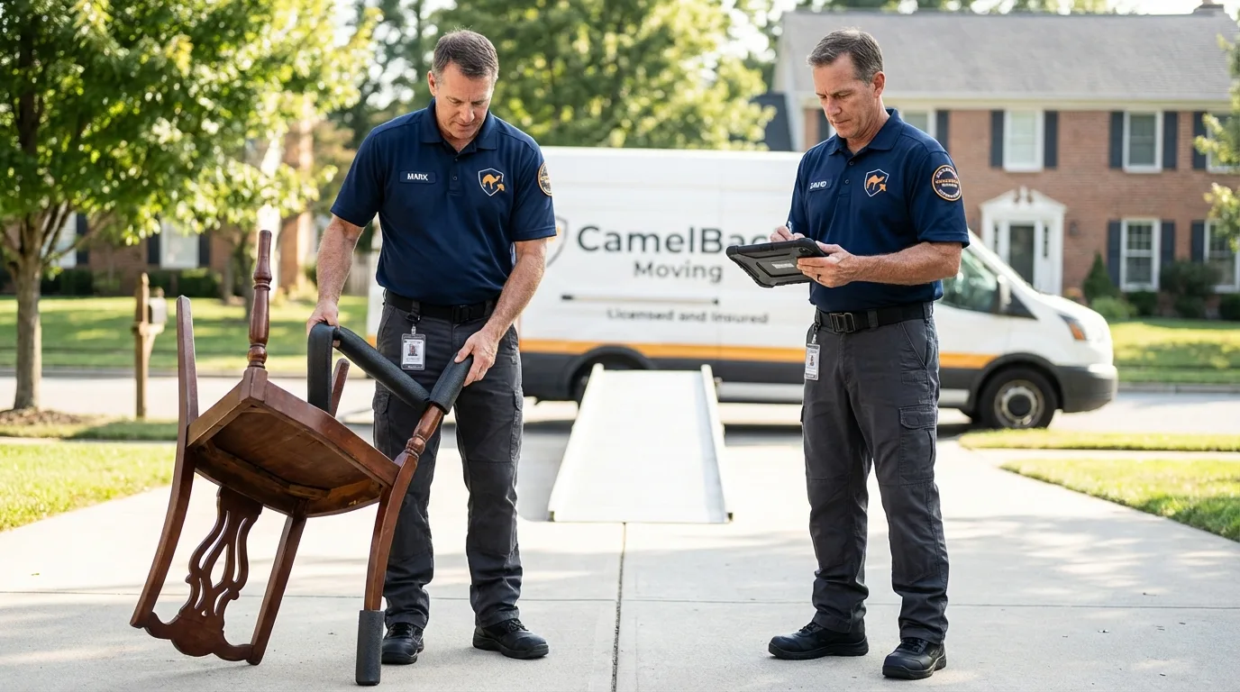 Movers inspecting furniture for damage prevention before loading in Highland Park, IL