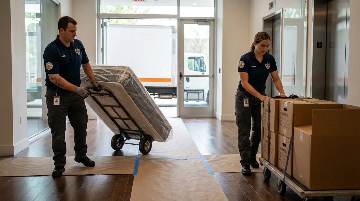 Professional apartment movers loading elevator in Highland Park, IL