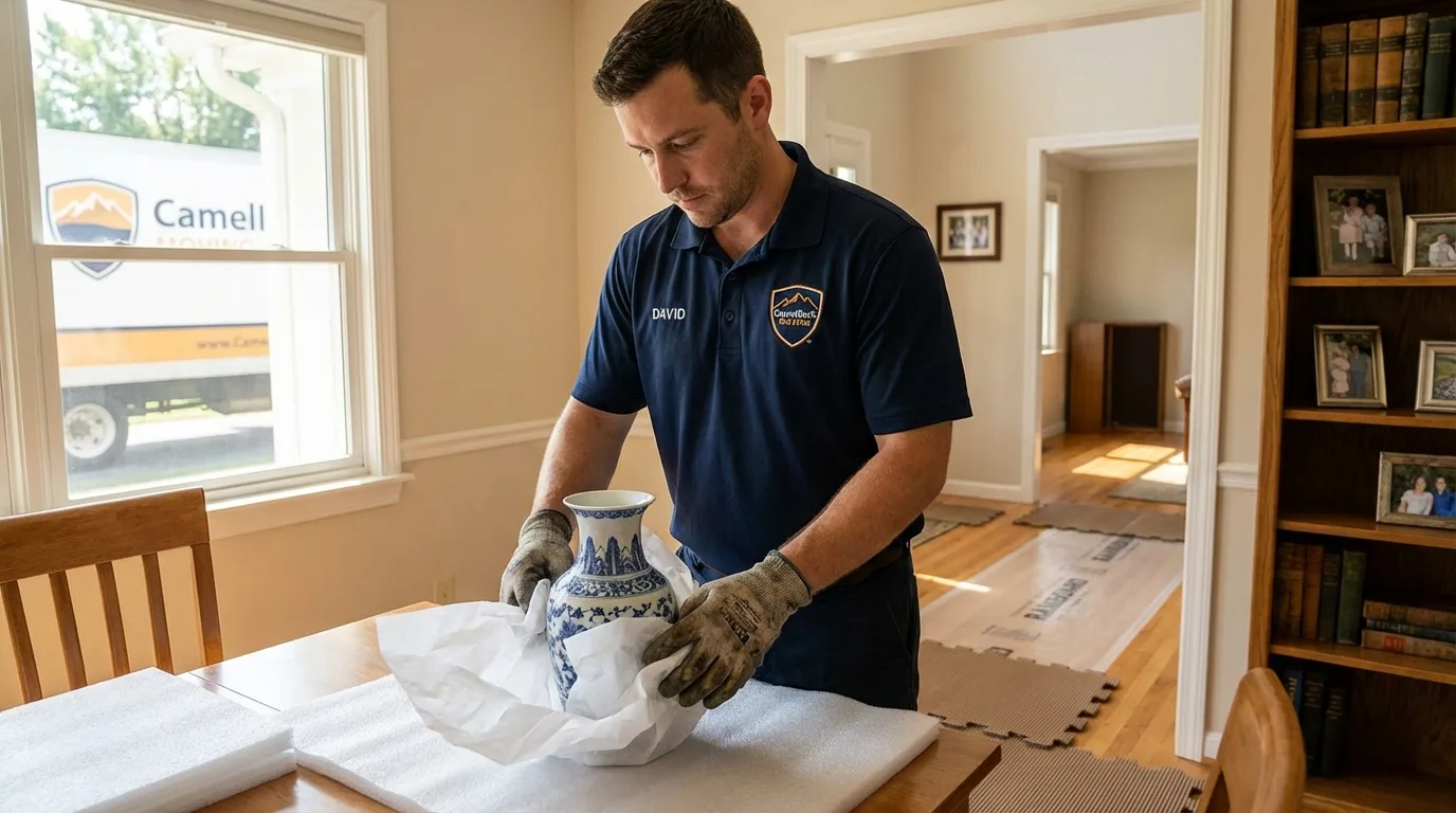 Professional crew carefully wrapping antique vase for senior downsizing move in Highland Park, IL